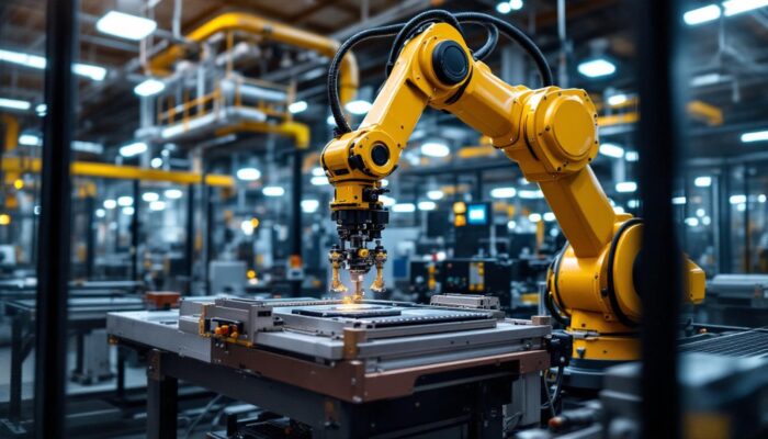 A photograph of a modern industrial robotic arm in action within a waltham