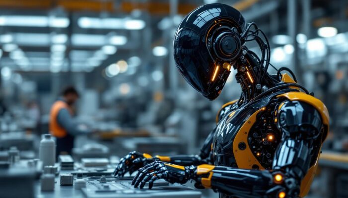 A photograph of a sleek industrial robot in action within a modern manufacturing environment