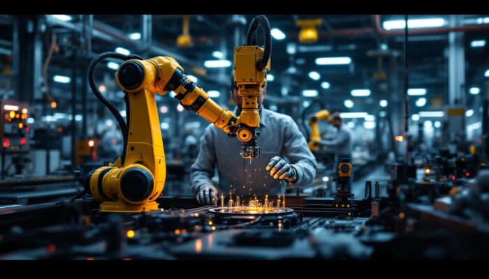 A photograph of a dynamic industrial setting showcasing a robotic arm in action