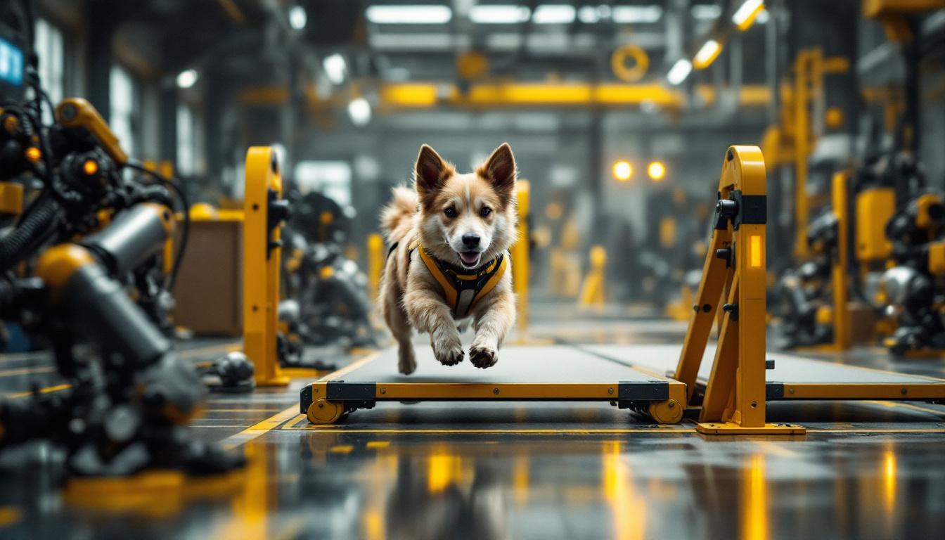 A photograph of a dynamic scene featuring a dog navigating an agility course