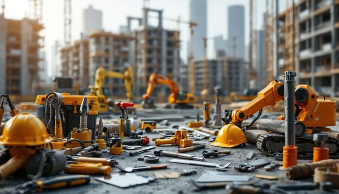A photograph of a well-organized construction site showcasing various essential tools and equipment used in civil building construction