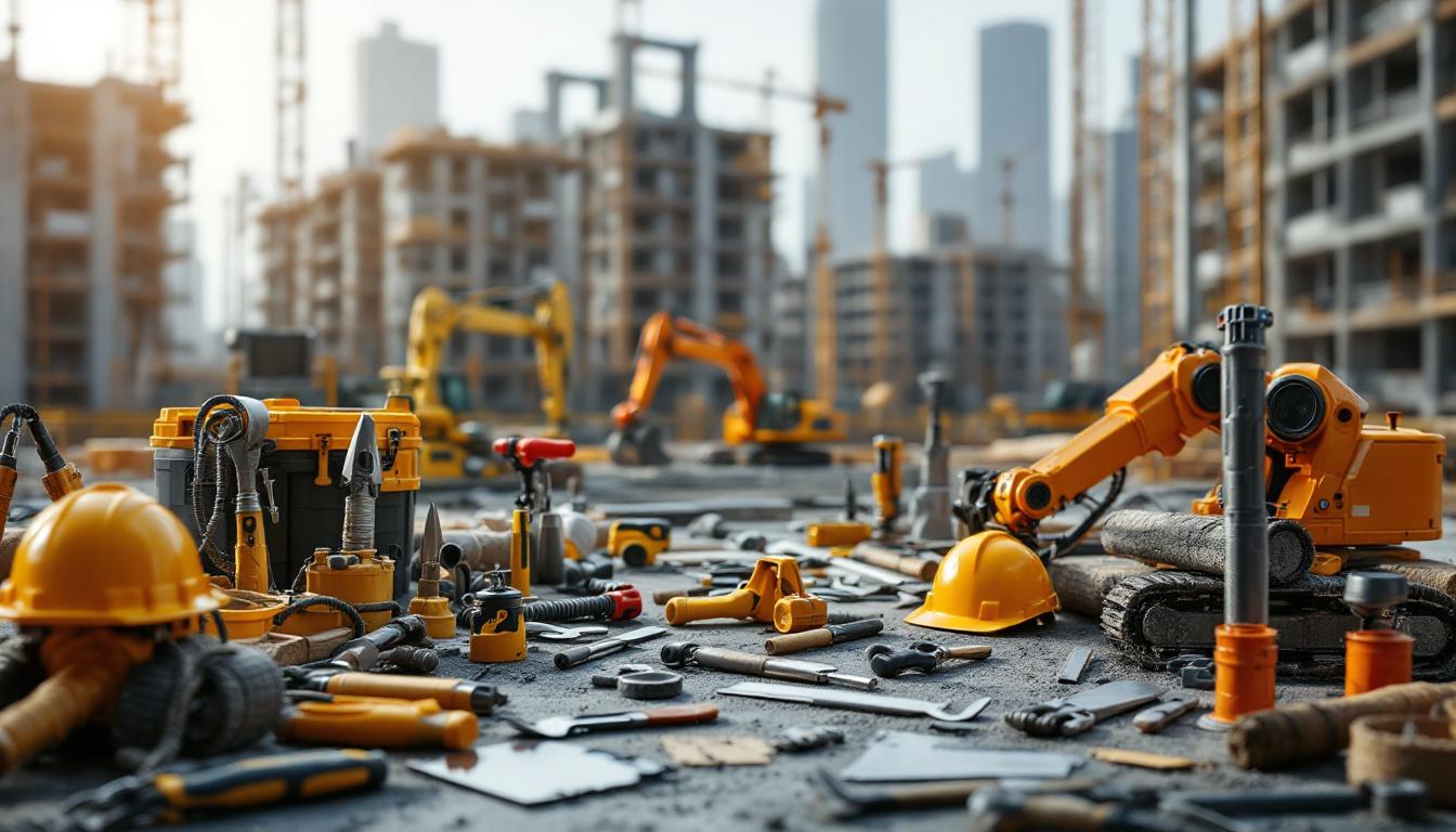 A photograph of a well-organized construction site showcasing various essential tools and equipment used in civil building construction
