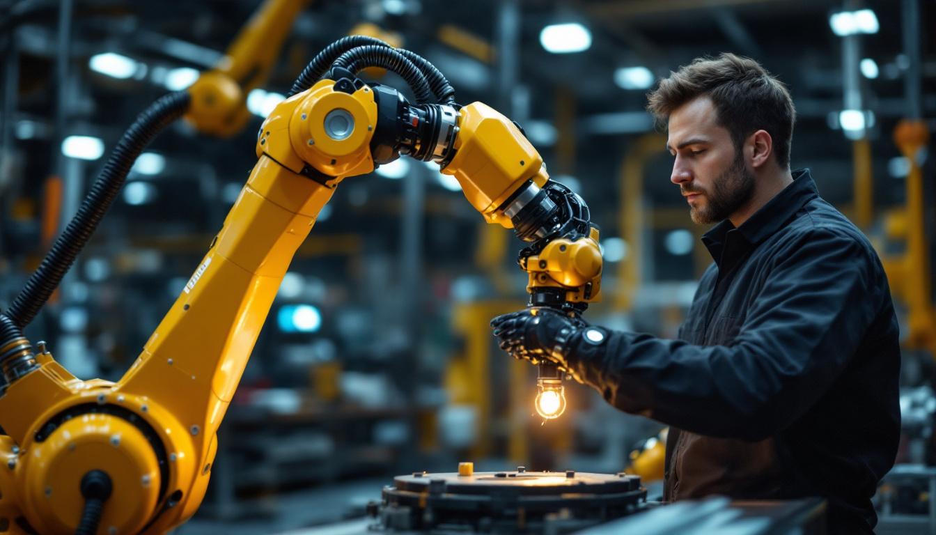 A photograph of a skilled technician demonstrating the intricate mechanics of a robotic arm in a modern industrial setting