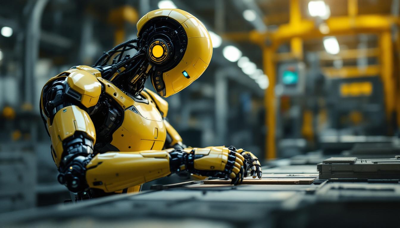 A photograph of a sleek industrial robot in action within a manufacturing environment