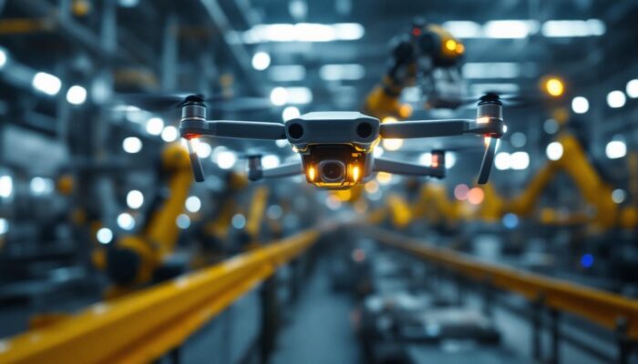 A photograph of a dynamic industrial setting featuring a drone in action