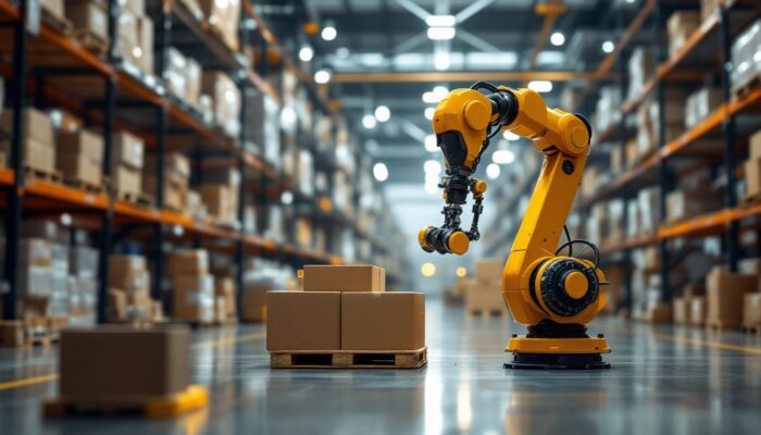 A photograph of a modern mini warehouse interior featuring industrial robots in action