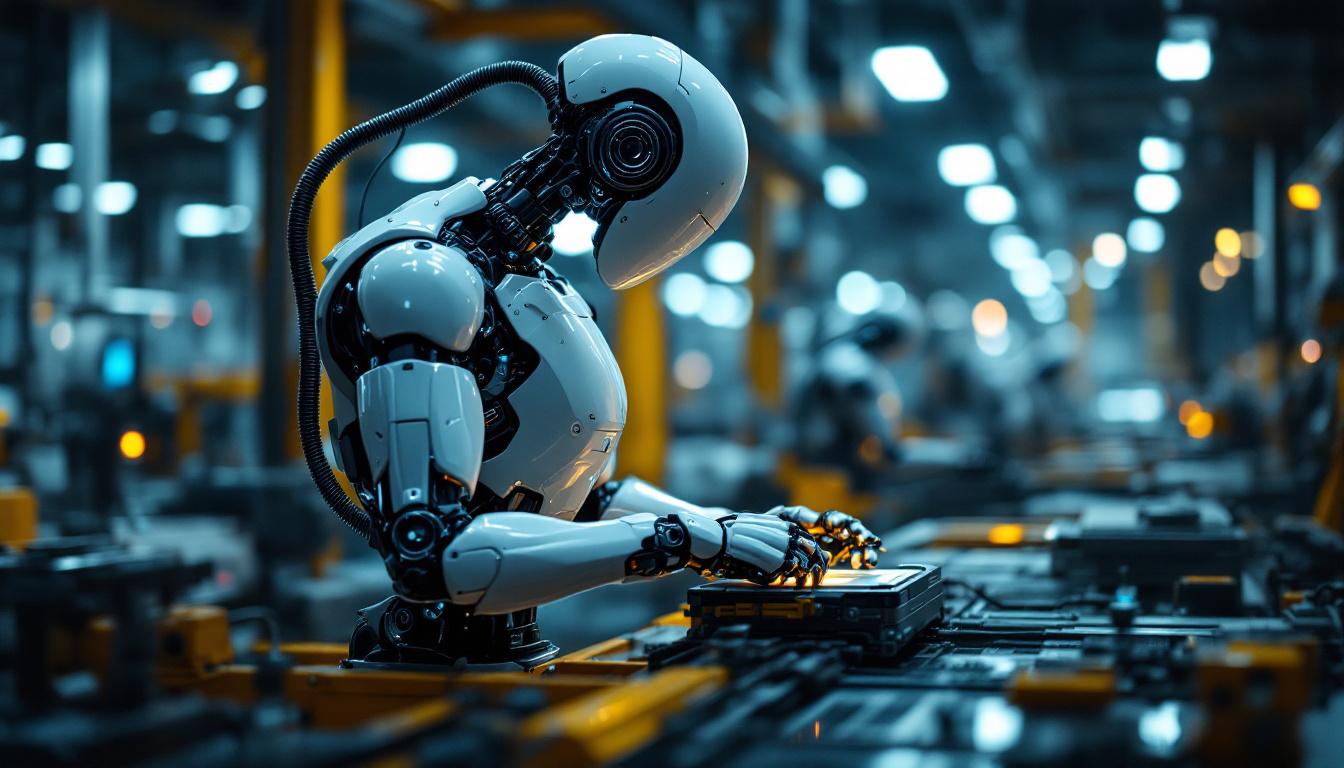 A photograph of a sleek industrial robot in action on a factory floor