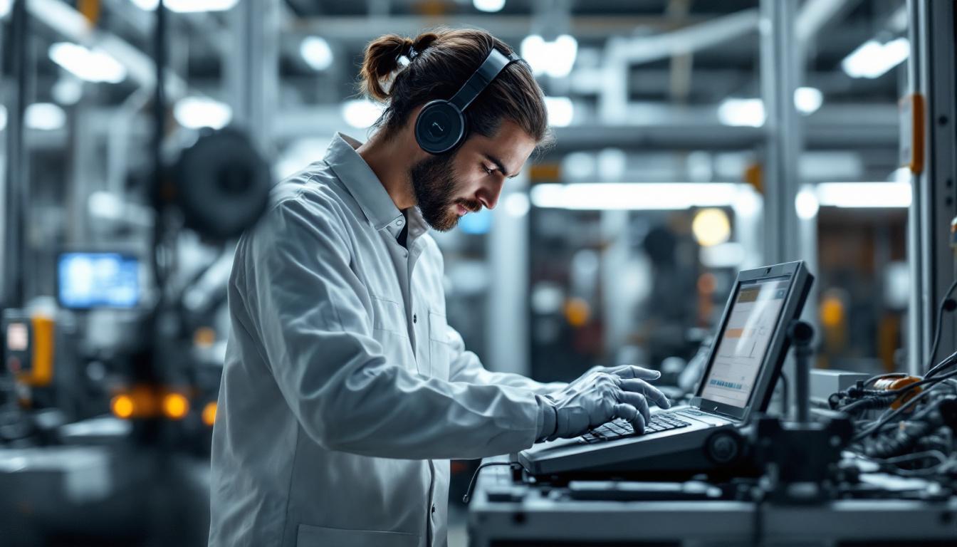 A photograph of a skilled technician programming or operating an industrial robot in a modern manufacturing setting