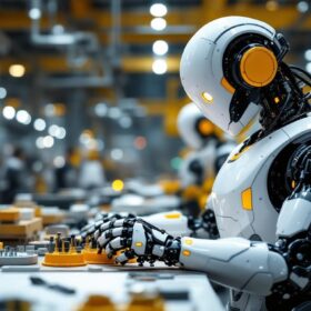 A photograph of a sleek industrial robot in action within a manufacturing environment