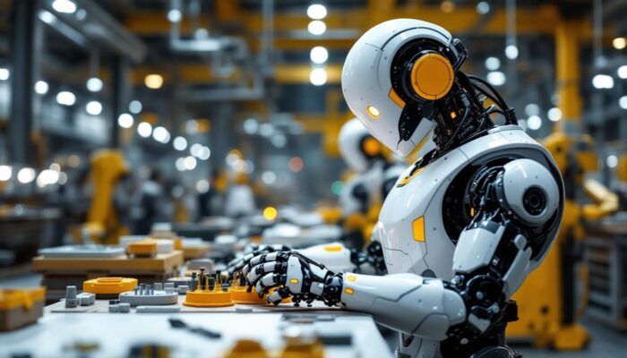 A photograph of a sleek industrial robot in action within a manufacturing environment