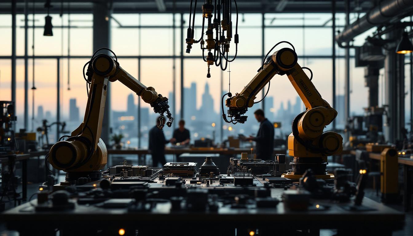 A photograph of a dynamic industrial robotics workspace