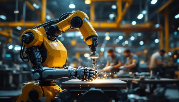 A photograph of a modern industrial robot in action within a manufacturing environment