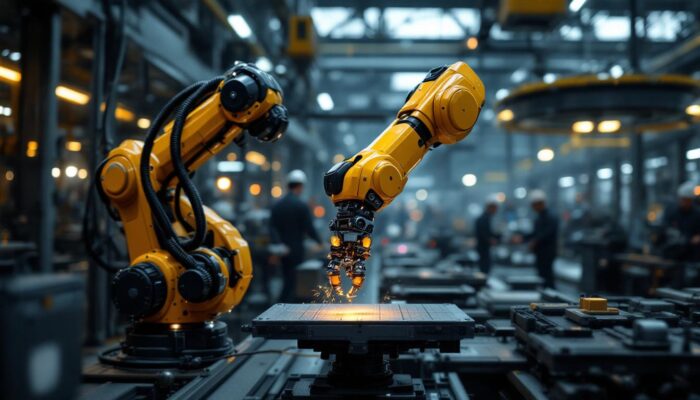 A photograph of a sleek industrial robotic arm in action within a high-tech manufacturing environment