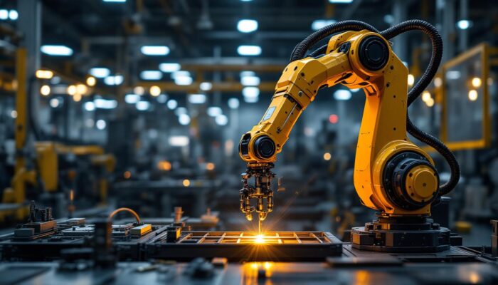 A photograph of a sleek industrial robotic arm in action