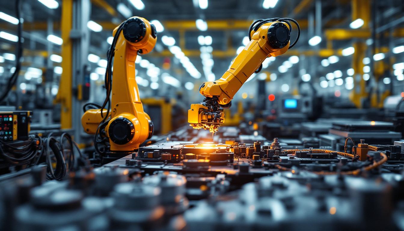 A photograph of a sleek industrial robotic arm in action within a modern manufacturing setting
