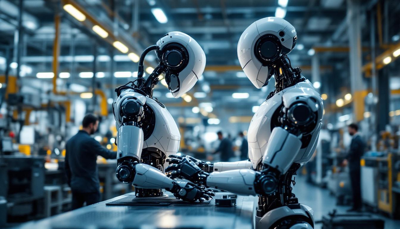 A photograph of a sleek industrial robot in action within a modern manufacturing facility