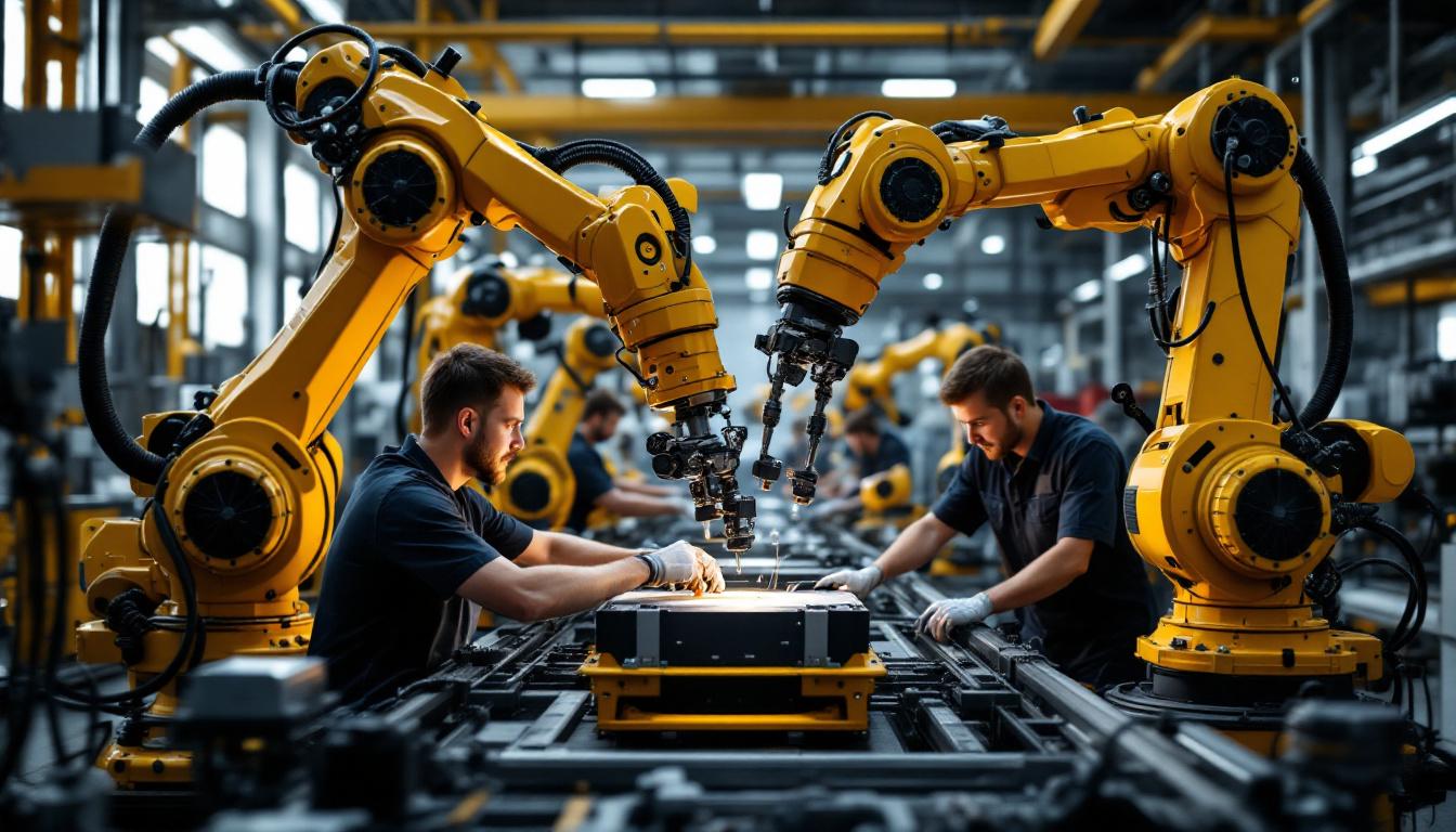 A photograph of a dynamic industrial setting where robotic arms are actively engaged in a task