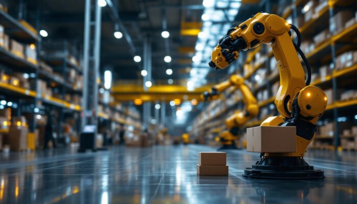 A photograph of a dynamic warehouse environment showcasing advanced industrial robots in action