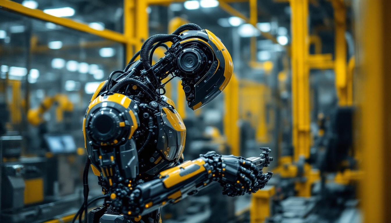 A photograph of a sleek industrial robot in action within a manufacturing environment