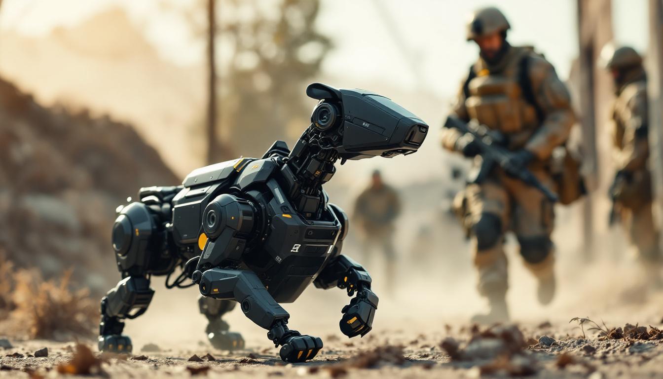 A photograph of a military robotic dog in action