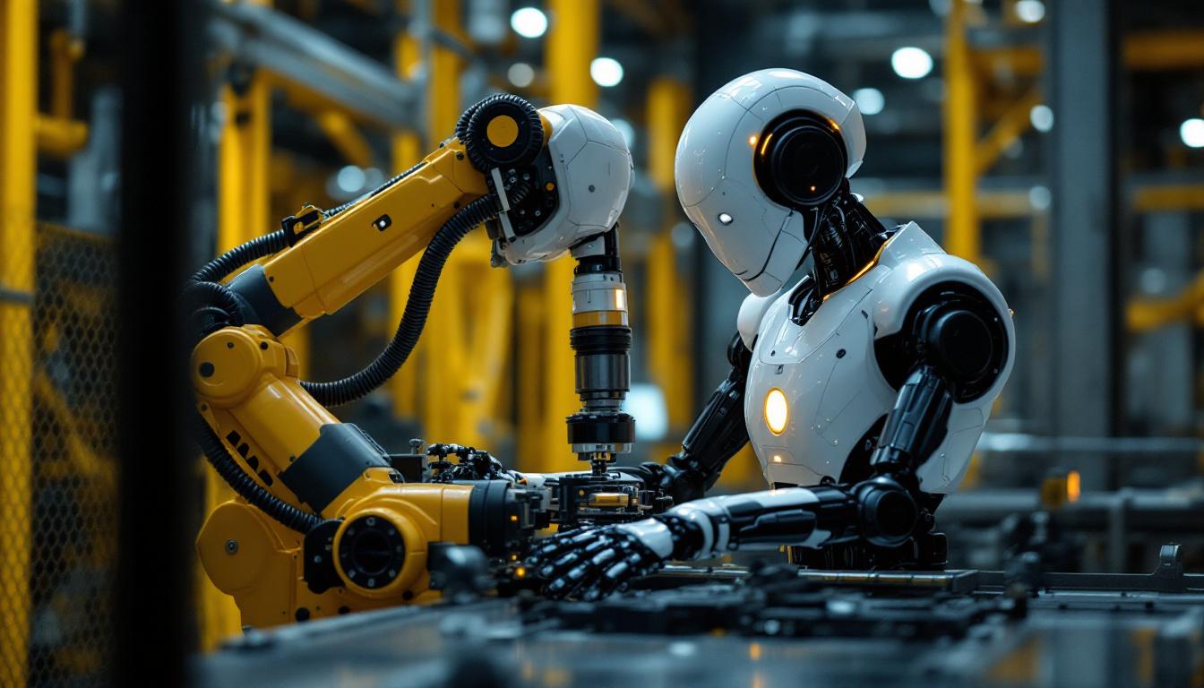 A photograph of a sleek industrial robot in action within a manufacturing environment