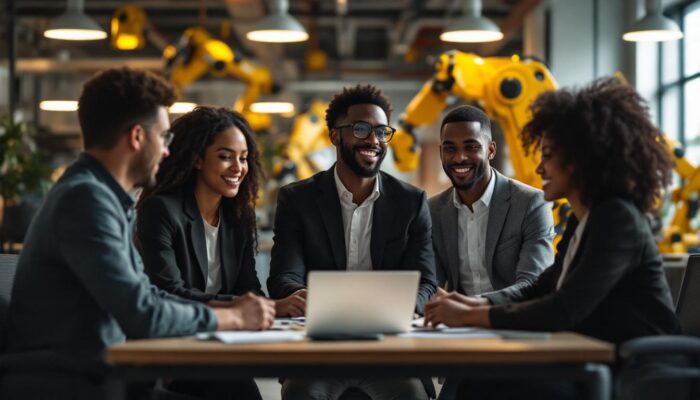 A photograph of a dynamic scene featuring a diverse group of entry-level legal professionals collaborating in an office setting