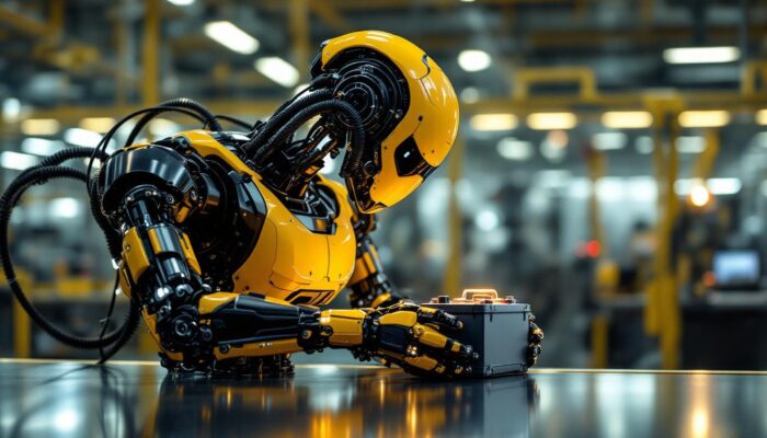 A photograph of a sleek industrial robot in action