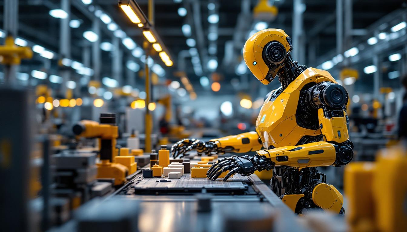 A photograph of a sleek industrial robot in action within a manufacturing environment