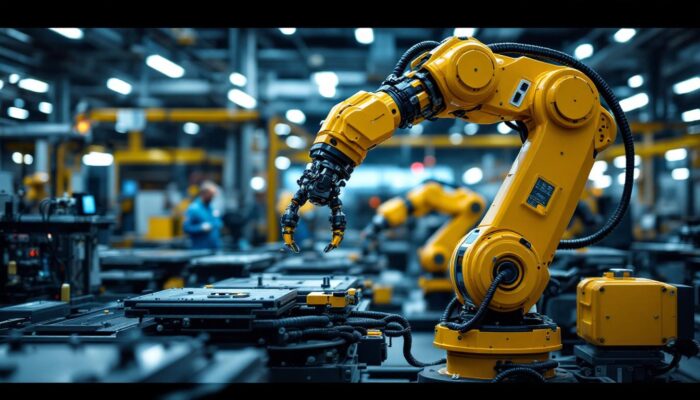 A photograph of a state-of-the-art industrial robotic arm in action