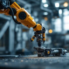 A photograph of a sleek industrial robotic arm in action