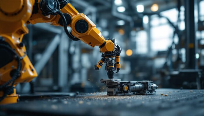 A photograph of a sleek industrial robotic arm in action