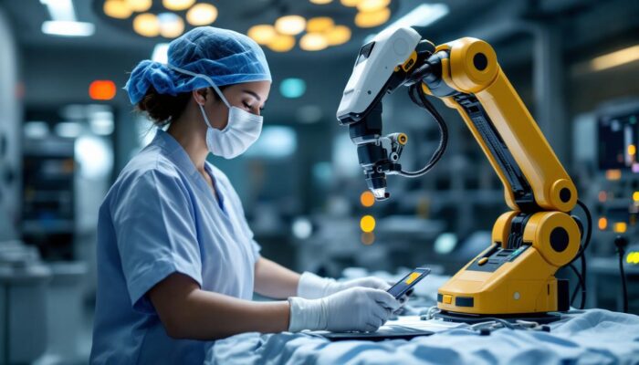 A photograph of a medical assistant interacting with a robotic surgical system in a modern boston hospital setting