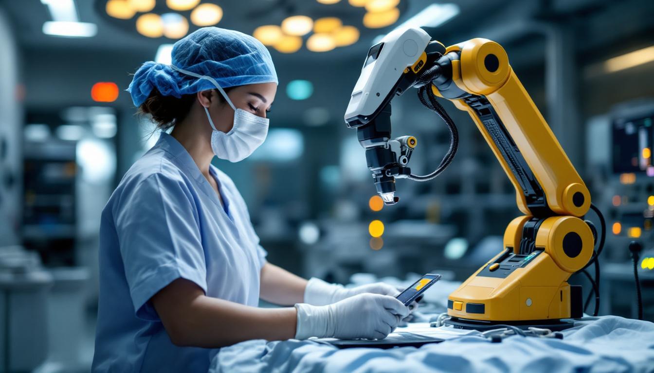A photograph of a medical assistant interacting with a robotic surgical system in a modern boston hospital setting