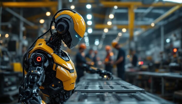 A photograph of capture a photograph of a sleek industrial robot in action