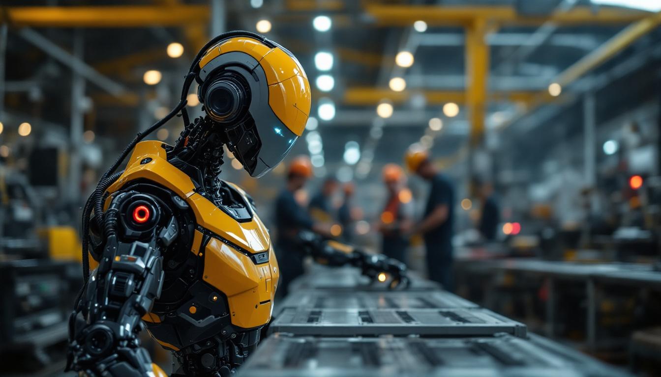 A photograph of capture a photograph of a sleek industrial robot in action