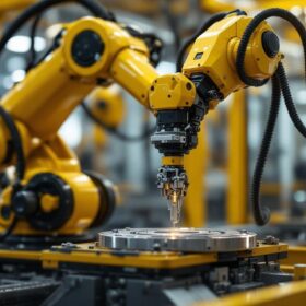 A photograph of a sleek industrial robotic arm in action