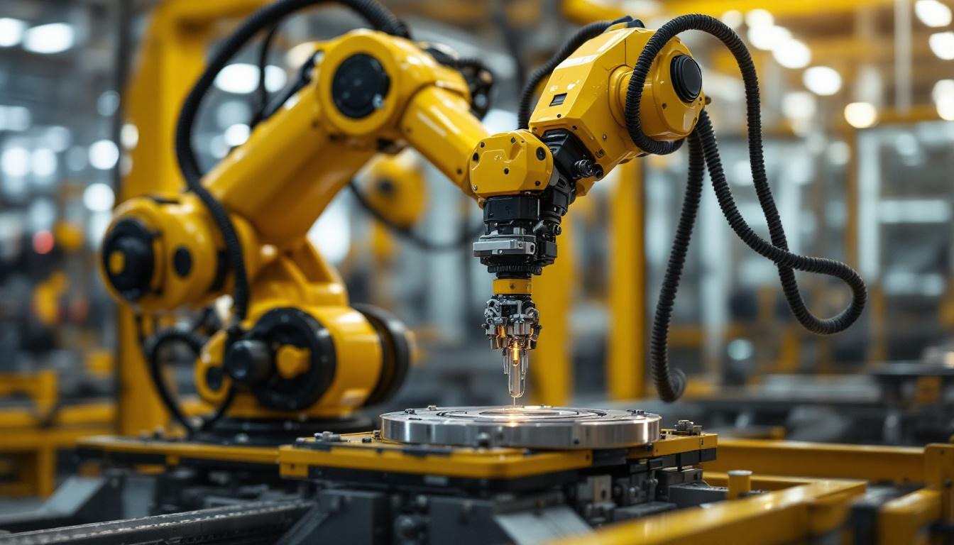 A photograph of a sleek industrial robotic arm in action