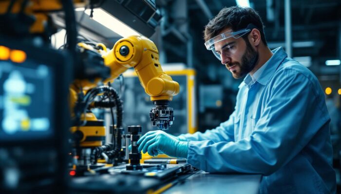 A photograph of a biomedical equipment technician working hands-on with industrial robotic equipment in a clinical setting