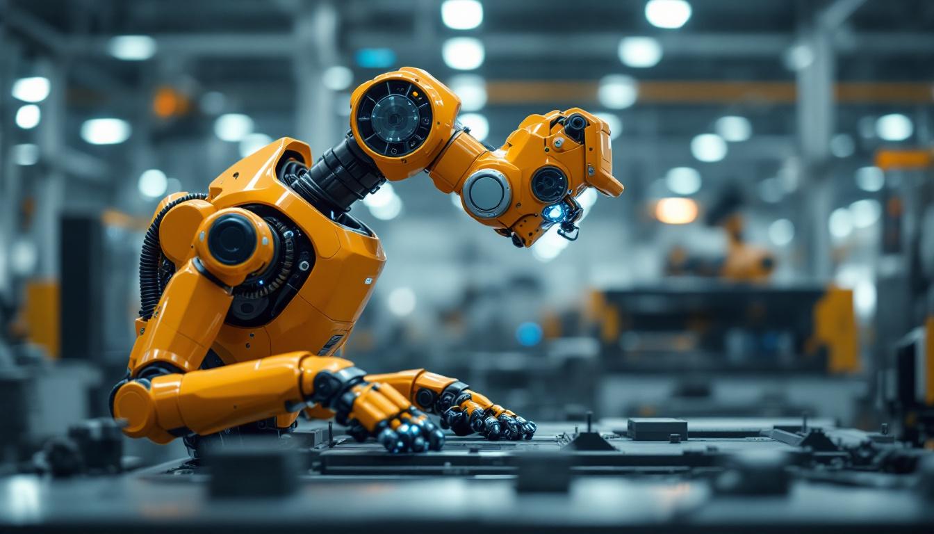 A photograph of a garud dog industrial robot in action within a manufacturing environment