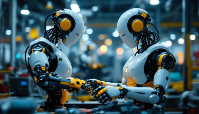 A photograph of a sleek industrial robot in action within a manufacturing environment