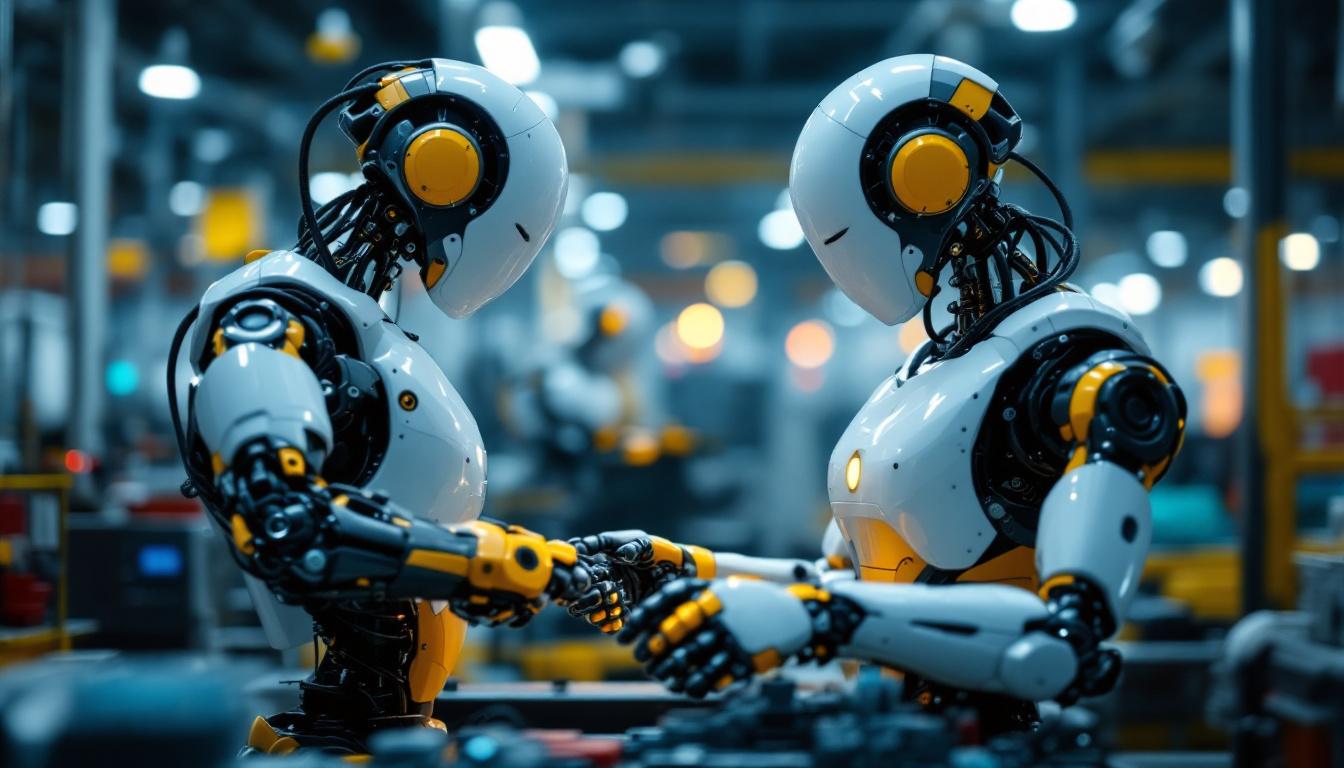 A photograph of a sleek industrial robot in action within a manufacturing environment