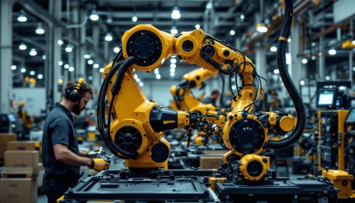 A photograph of a state-of-the-art industrial robot in action within a modern manufacturing facility