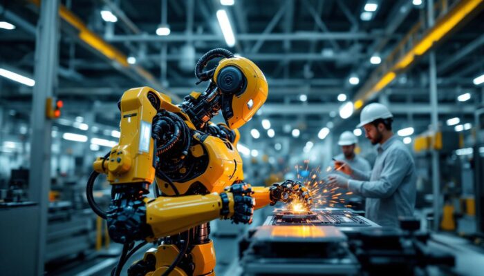 A photograph of a dynamic industrial robot in action within a boston manufacturing facility