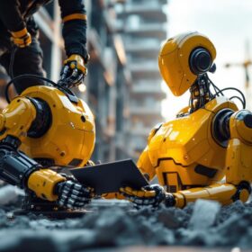 A photograph of a high-tech industrial robot in action on a construction site