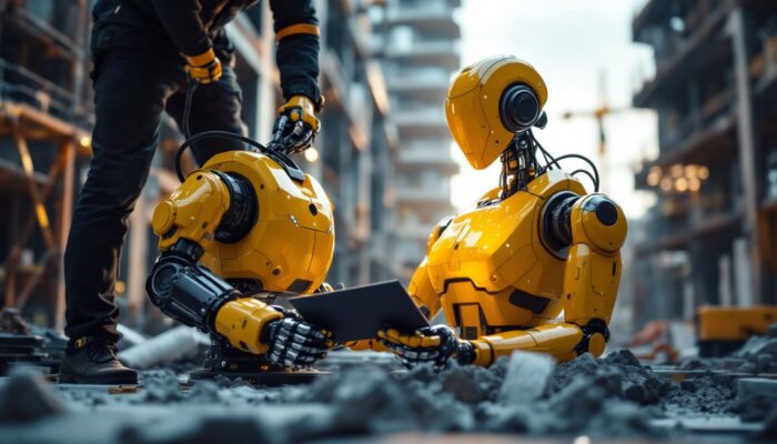 A photograph of a high-tech industrial robot in action on a construction site