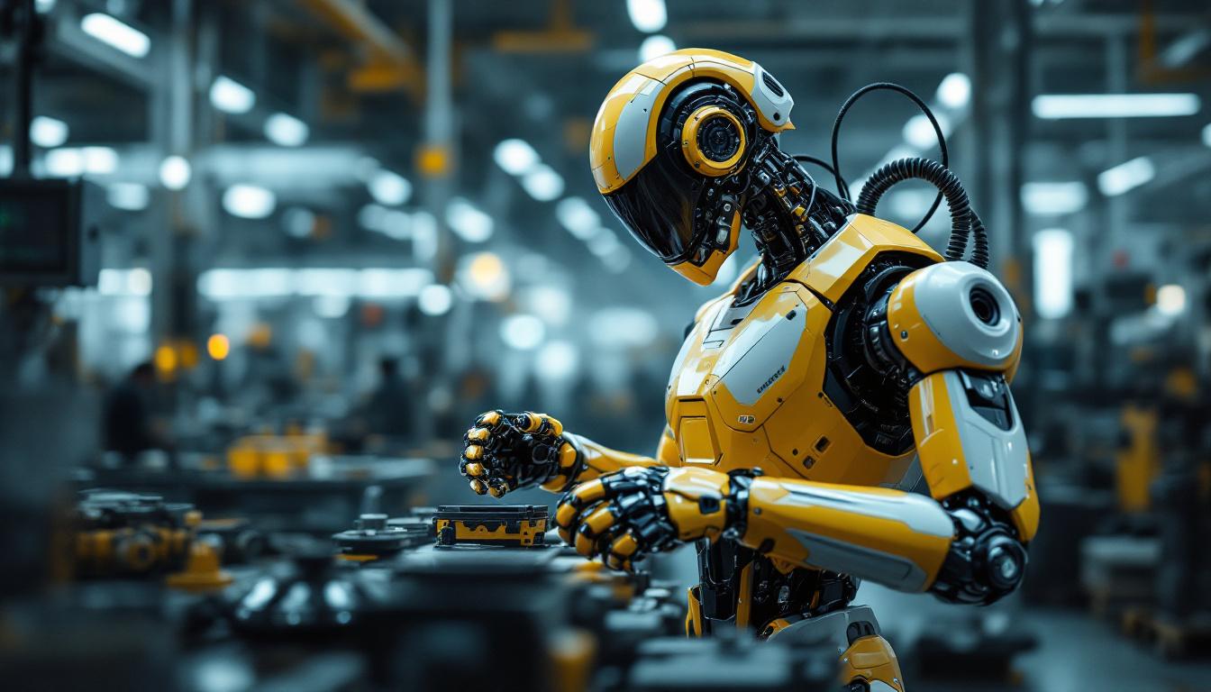 A photograph of a sleek industrial robot in action within a modern manufacturing environment