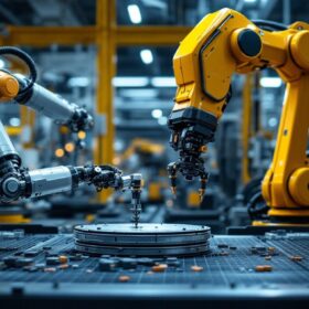 A photograph of a modern industrial robot in action on a factory floor