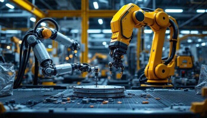 A photograph of a modern industrial robot in action on a factory floor