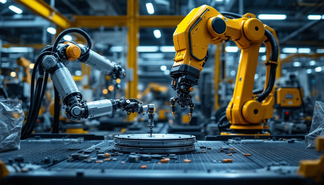 A photograph of a modern industrial robot in action on a factory floor