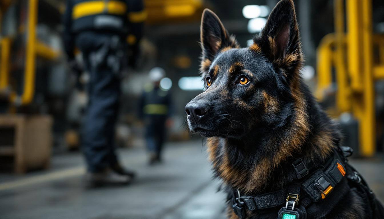 A photograph of a highly trained bomb detection dog in action